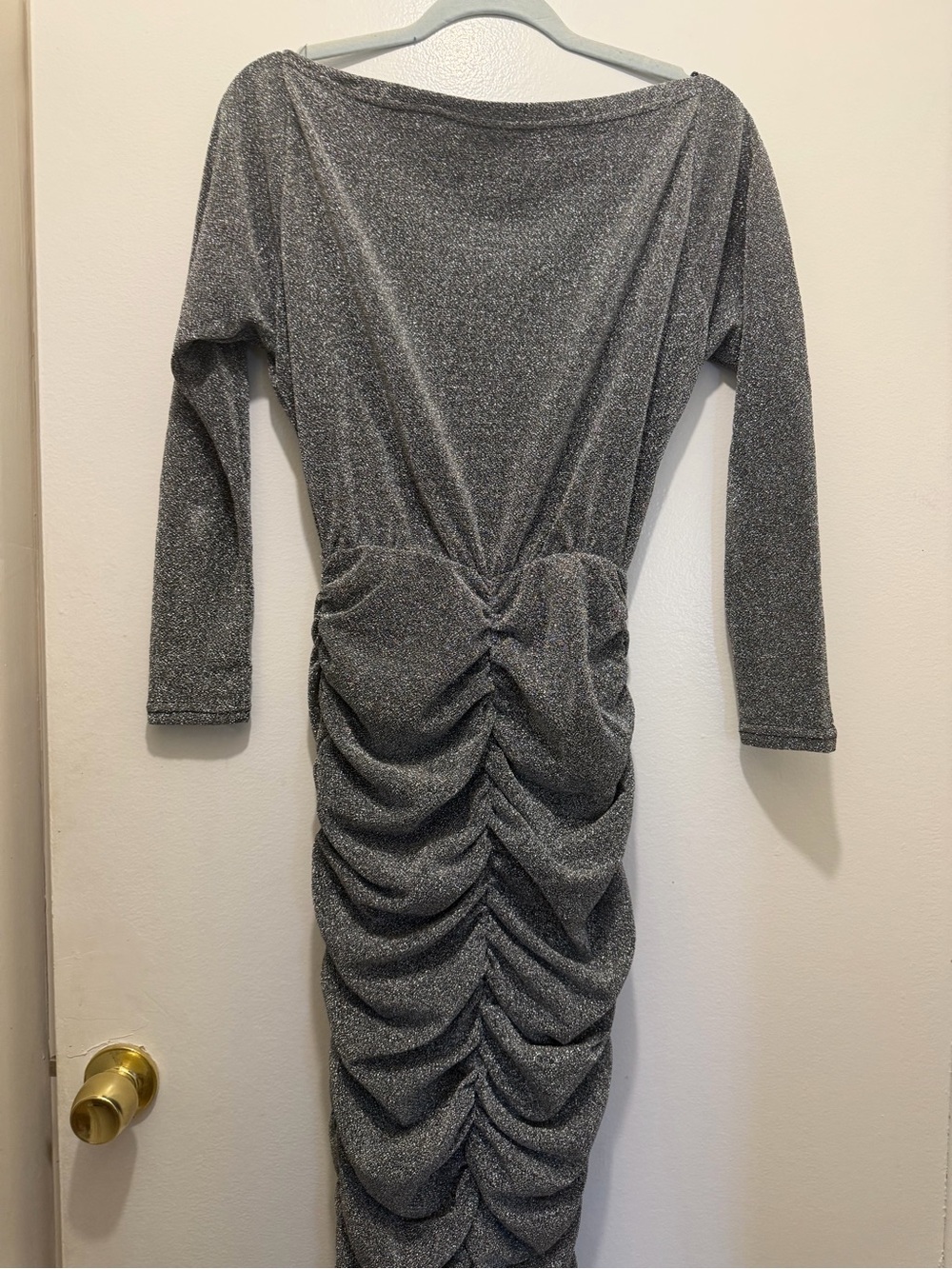 Gray Shimmer Ruched Long Sleeve Dress